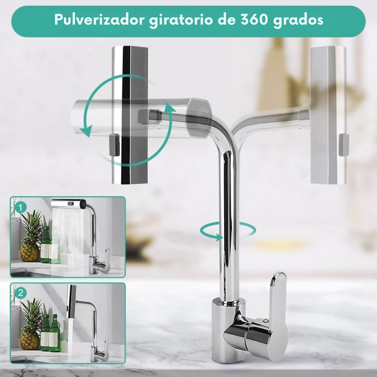 Grifería Monocontrol Cromada Para Lavaplatos y/o Lavamanos Con Cabeza Móvil, Rotación 360° y Cuerpo Flexible