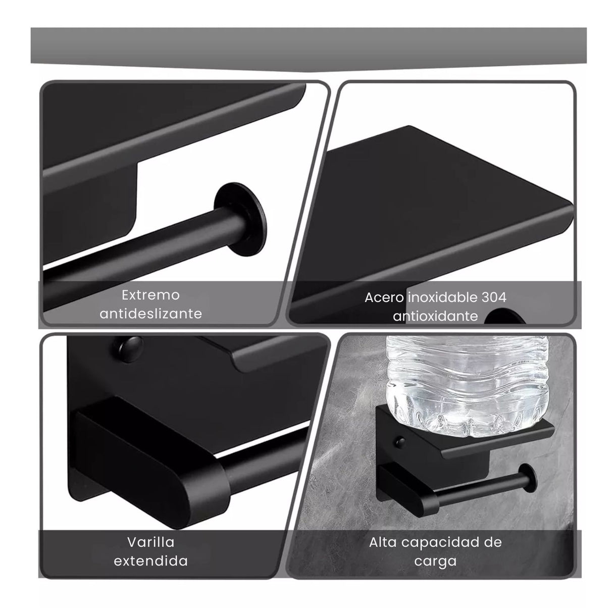 Porta Rollo con Soporte para Celular - Negro Mate en Acero Inoxidable SUS 304