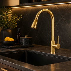 Grifería Lavaplatos Extraíble Oro Brillante Monocontrol | Cocina Moderna Premium