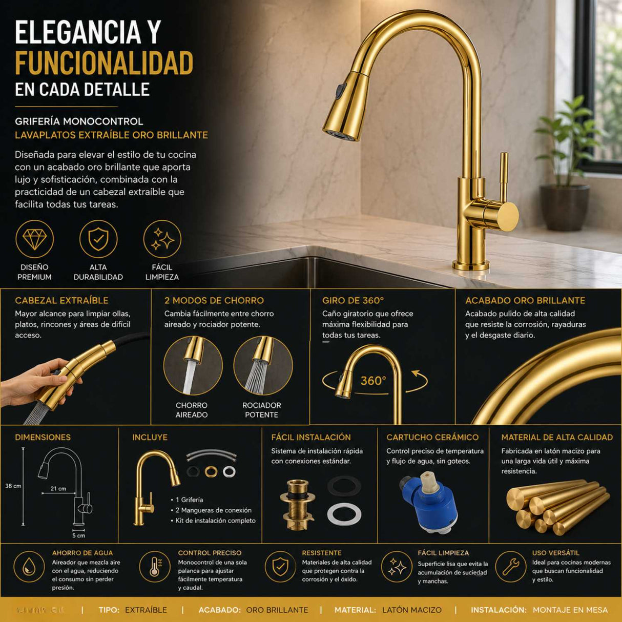 Grifería Lavaplatos Extraíble Oro Brillante Monocontrol | Cocina Moderna Premium