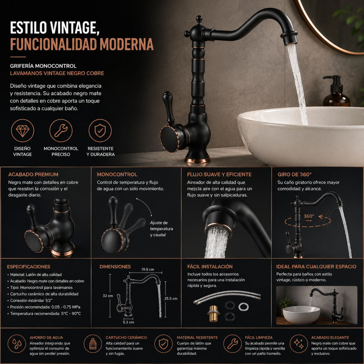Grifería Monocontrol Nissa Negro Cobre Vintage para Lavamanos | Diseño Moderno Premium