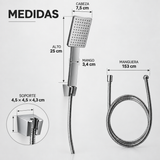Medidas de teleducha cuadrada: 25 cm de alto, cabeza de 7,5 cm, mango de 3,4 cm y manguera de 153 cm
