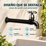 Características de la llave de jardín: cuerpo ABS, acabado negro y cromado, manija tipo cruceta y entrada de media pulgada