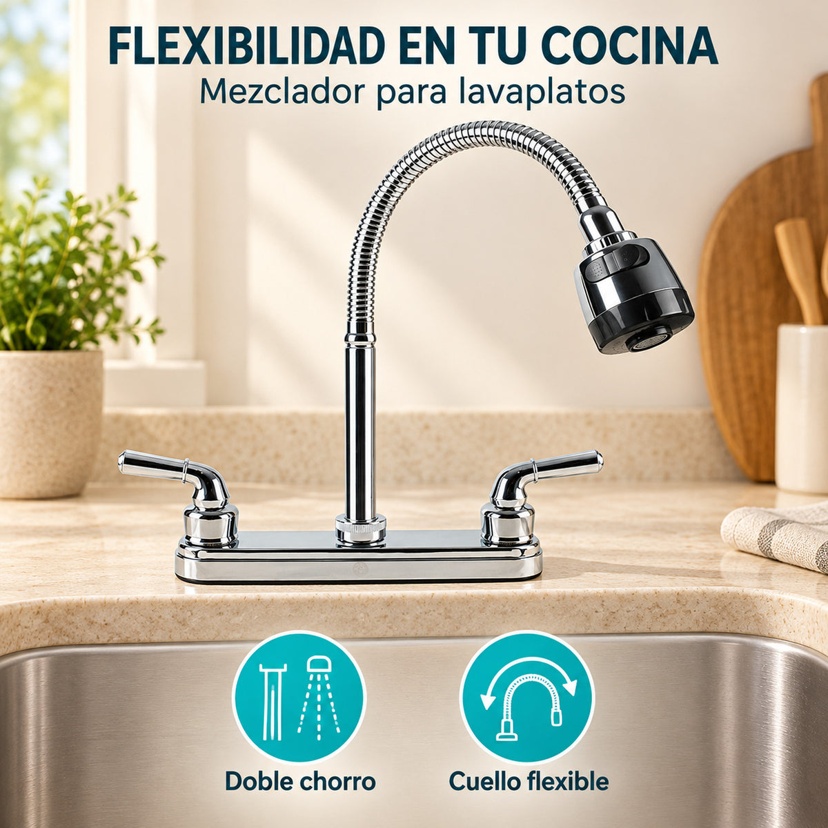 Mezclador de lavaplatos cromado con palancas, imagen 4