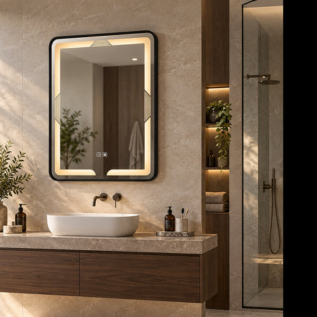 Espejo LED rectangular 60 × 80 cm con marco negro y antiempañante