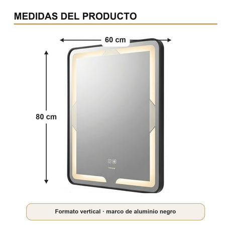 Espejo LED rectangular 60 × 80 cm con marco negro y antiempañante