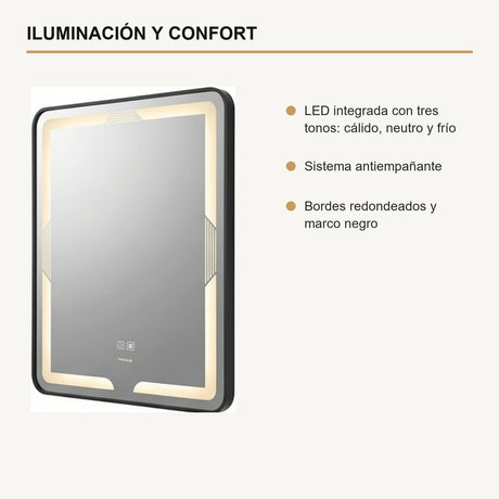Espejo LED rectangular 60 × 80 cm con marco negro y antiempañante