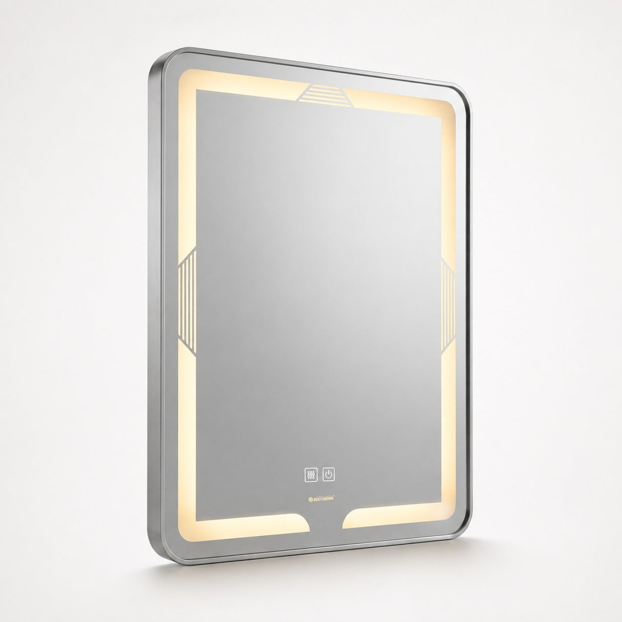 Espejo LED rectangular con marco de aluminio satinado sobre fondo claro