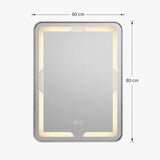 Espejo LED rectangular con medidas de 60 centímetros de ancho y 80 centímetros de alto