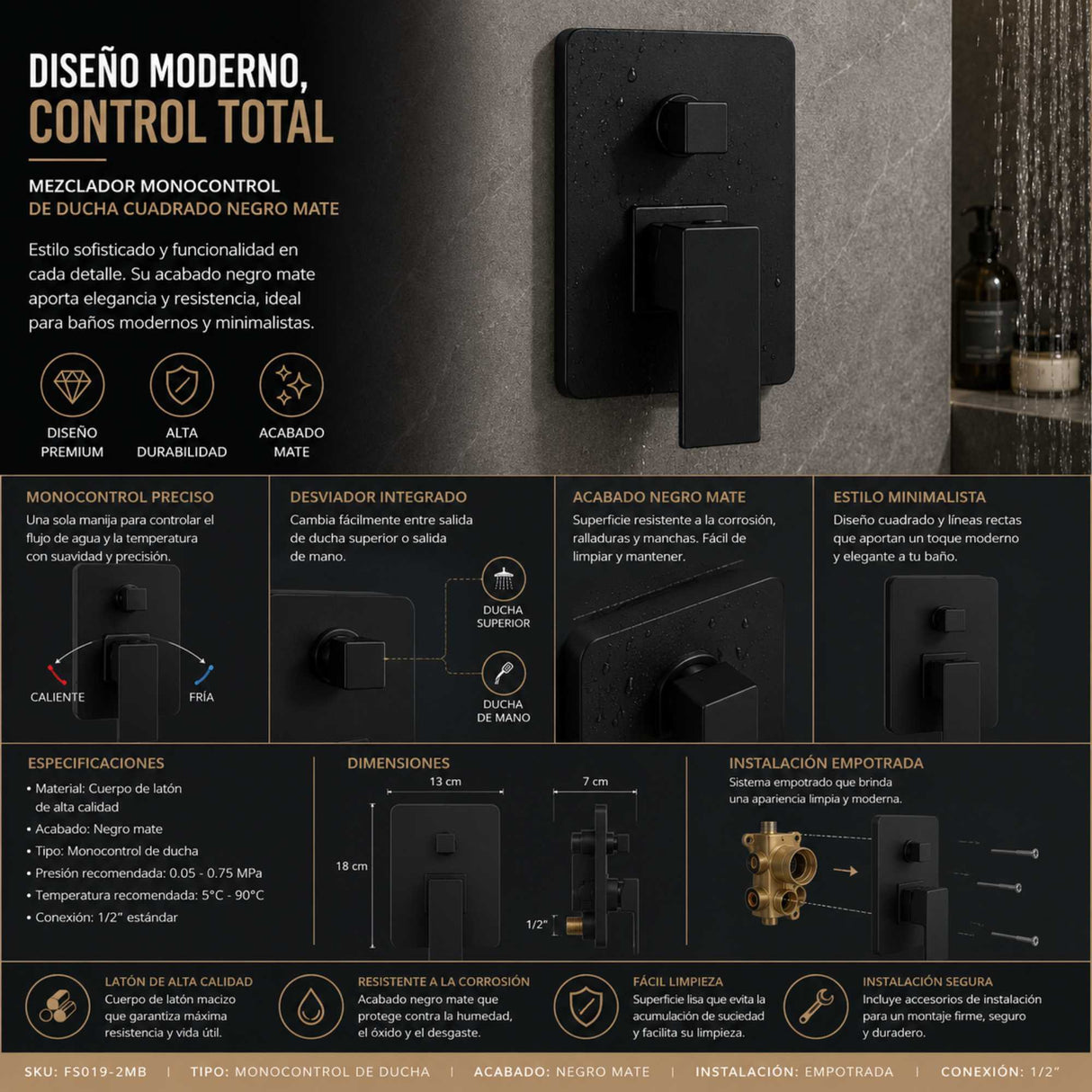 Monocontrol Ducha Negro Mate con Salida a Tina | Mezclador Moderno para BañoMonocontrol Ducha Negro Mate con Salida a Tina | Mezclador Moderno para Baño