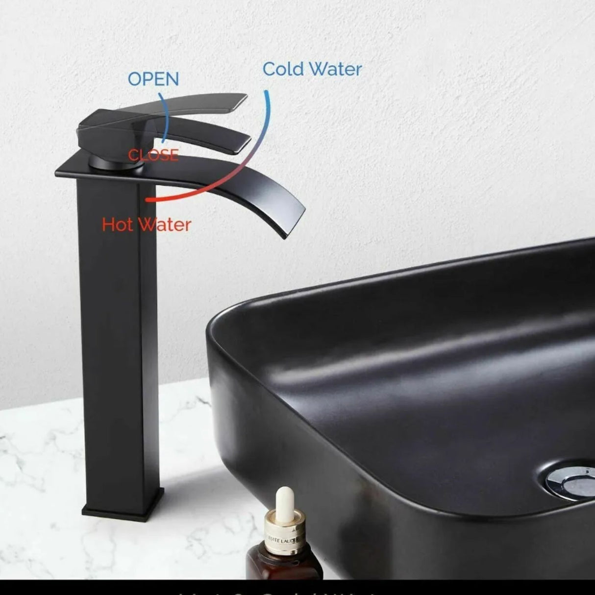 Kit Grifería Lavamanos Alta Milan Negro Mate 28 cm + Desagüe Push Cuadrado Negro 7.8 cm | Set Completo Baño Moderno