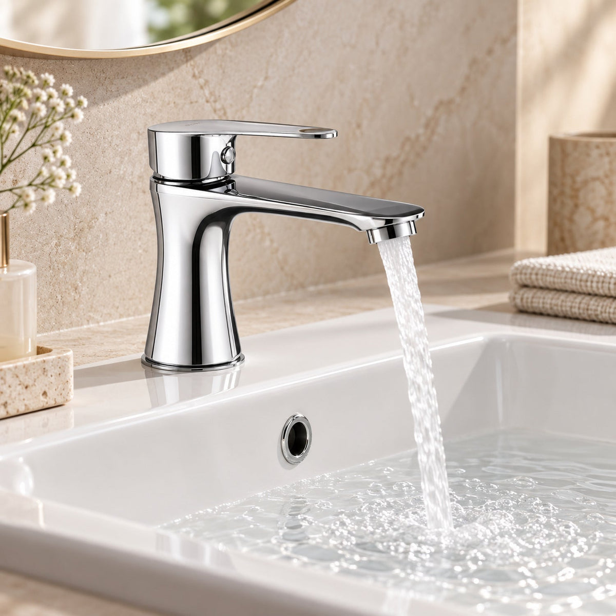 Llave Para Lavamanos Baja Agua Fría Cromada vista cercana