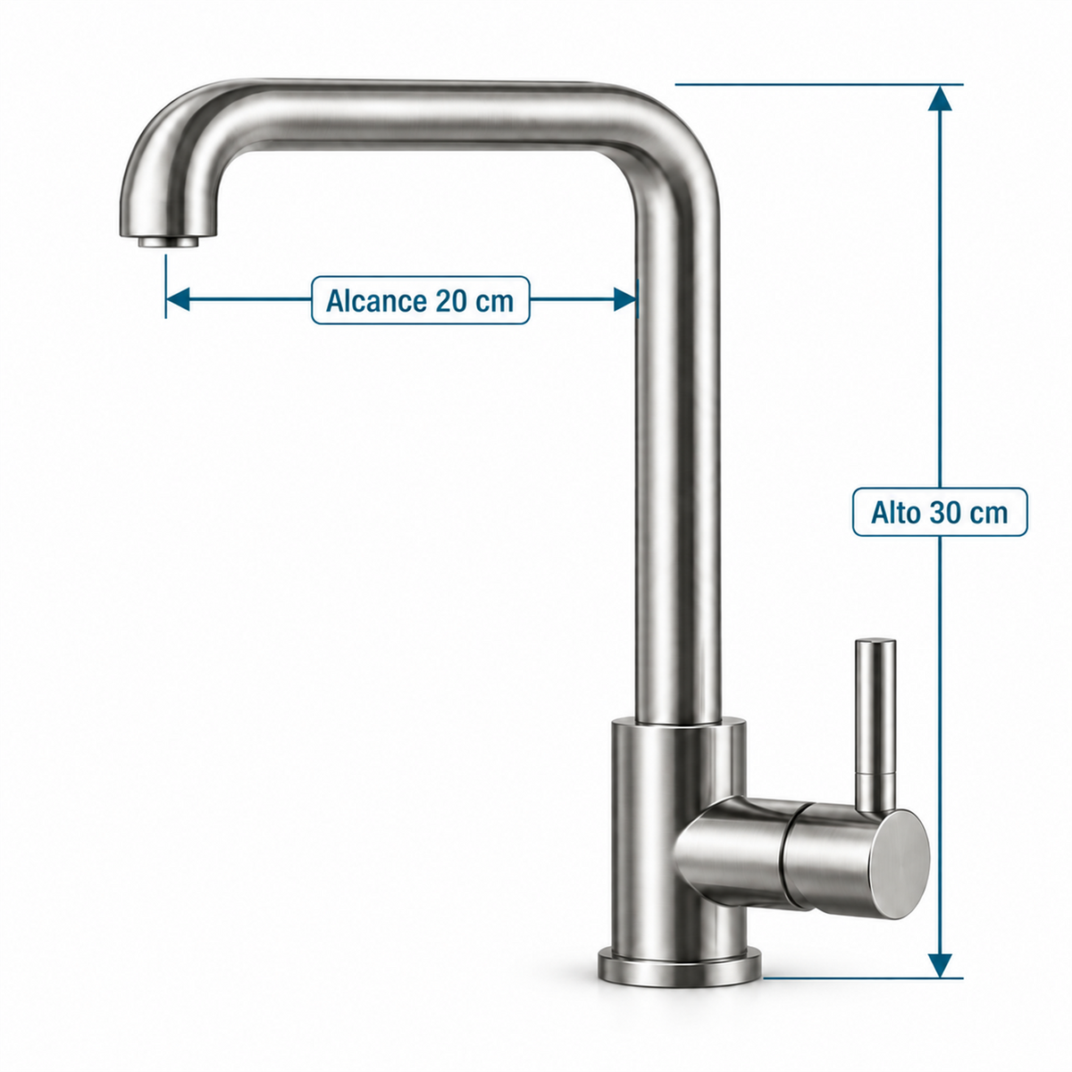 Grifería Monocontrol Para Lavaplatos Cuello En 7 Acero Inoxidable 304 con medidas de 30 cm de alto y 20 cm de alcance