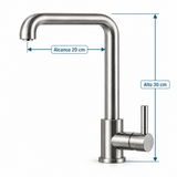 Grifería Monocontrol Para Lavaplatos Cuello En 7 Acero Inoxidable 304 con medidas de 30 cm de alto y 20 cm de alcance