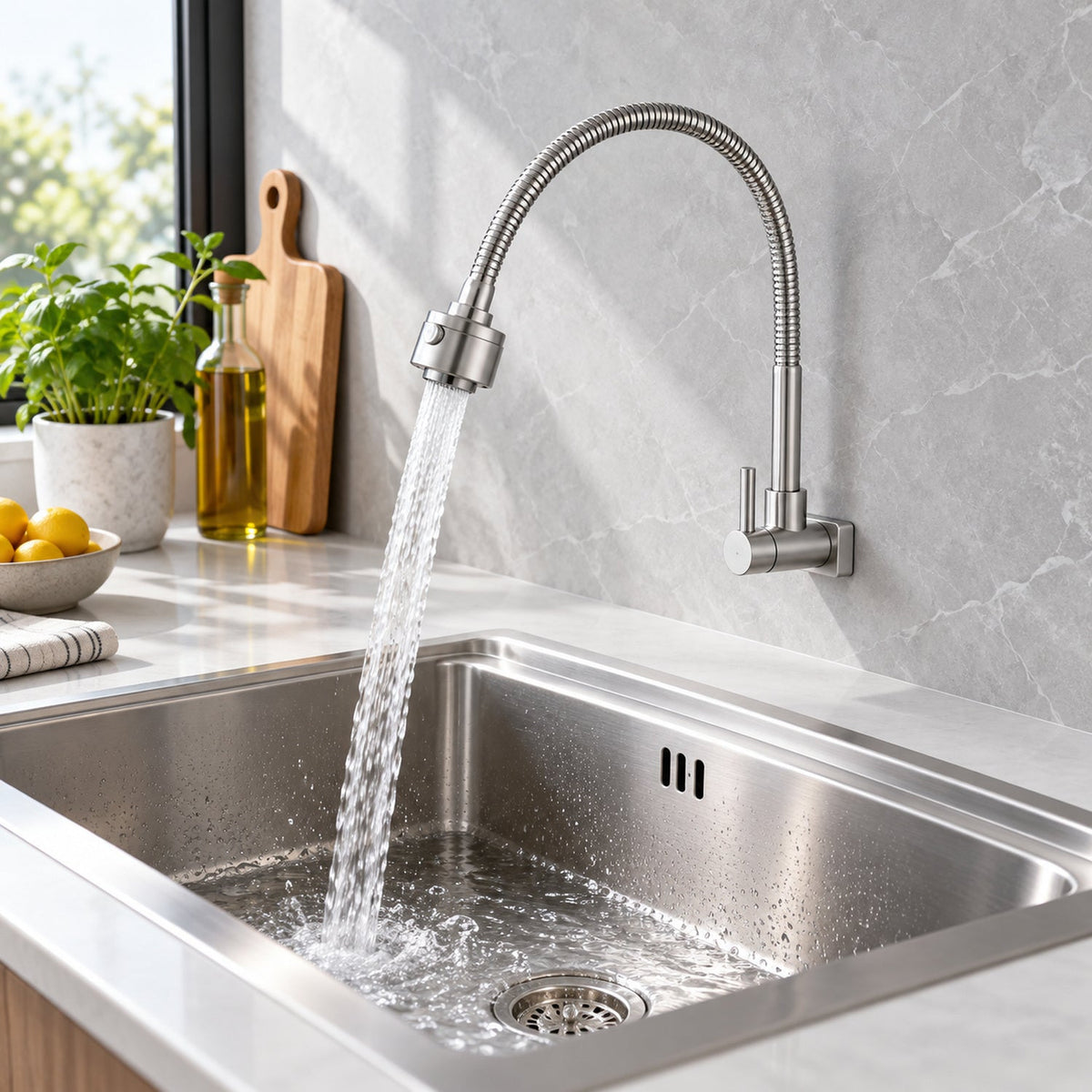 Llave Para Lavaplatos De Pared Flexible Agua Fría Acero Inoxidable 304 ambientada y en funcionamiento