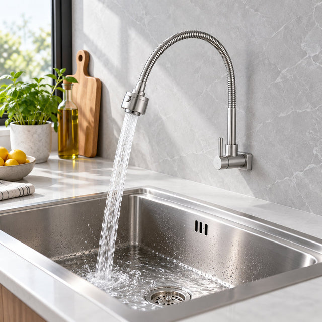 Llave Para Lavaplatos De Pared Flexible Agua Fría Acero Inoxidable 304 ambientada y en funcionamiento