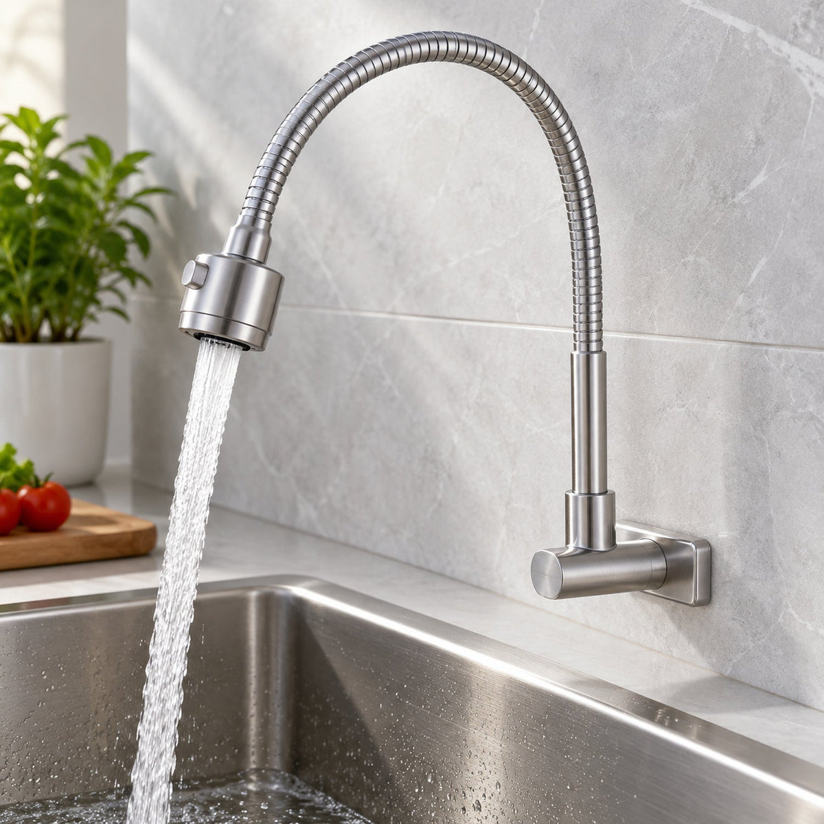 Llave Para Lavaplatos De Pared Flexible Agua Fría Acero Inoxidable 304 vista cercana