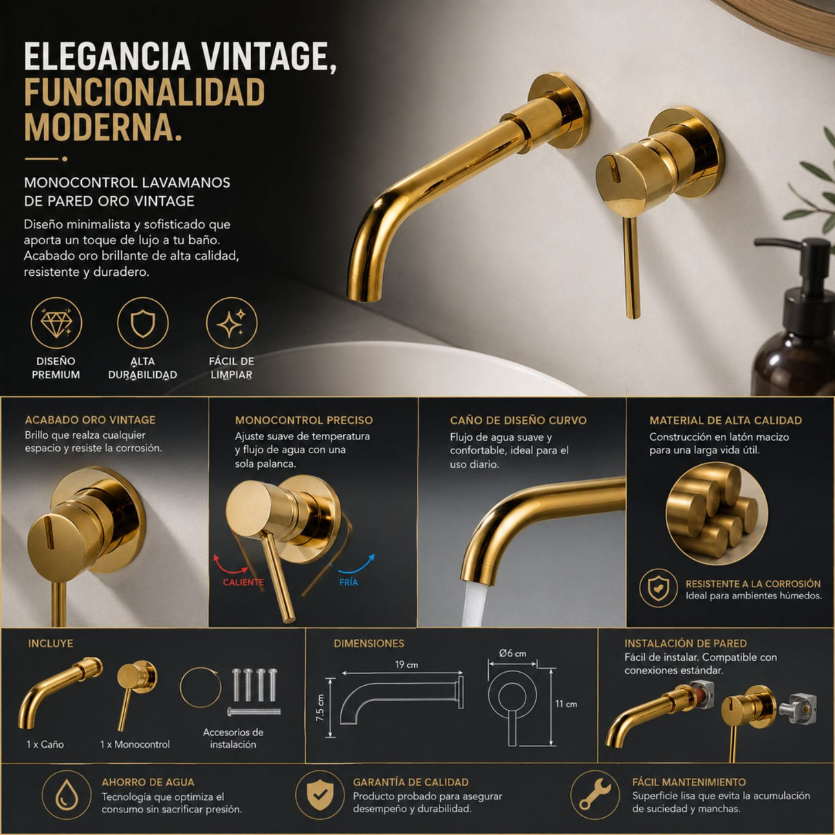 Grifería Lavamanos de Pared Oro Vintage | Monocontrol Elegante para Baño Moderno