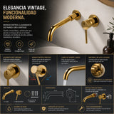 Grifería Lavamanos de Pared Oro Vintage | Monocontrol Elegante para Baño Moderno