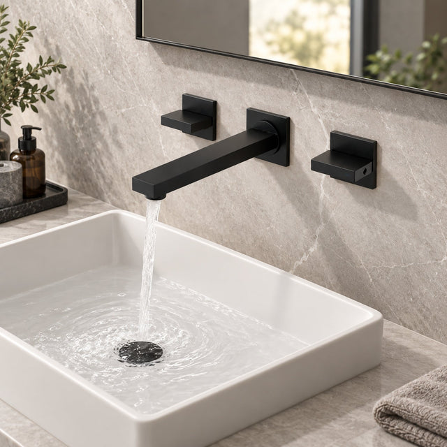 Grifería Monocontrol Para Lavamanos De Pared Cuadrada Negro Mate ambientada y en funcionamiento