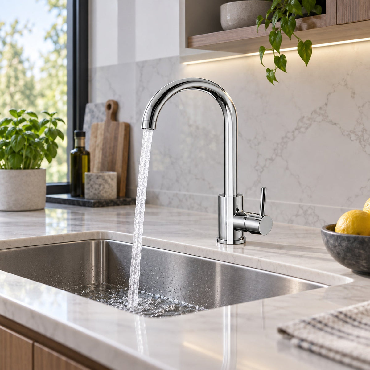 Grifería Monocontrol Para Lavaplatos Cuello Cisne Cromado 32 Cm ambientada y en funcionamiento