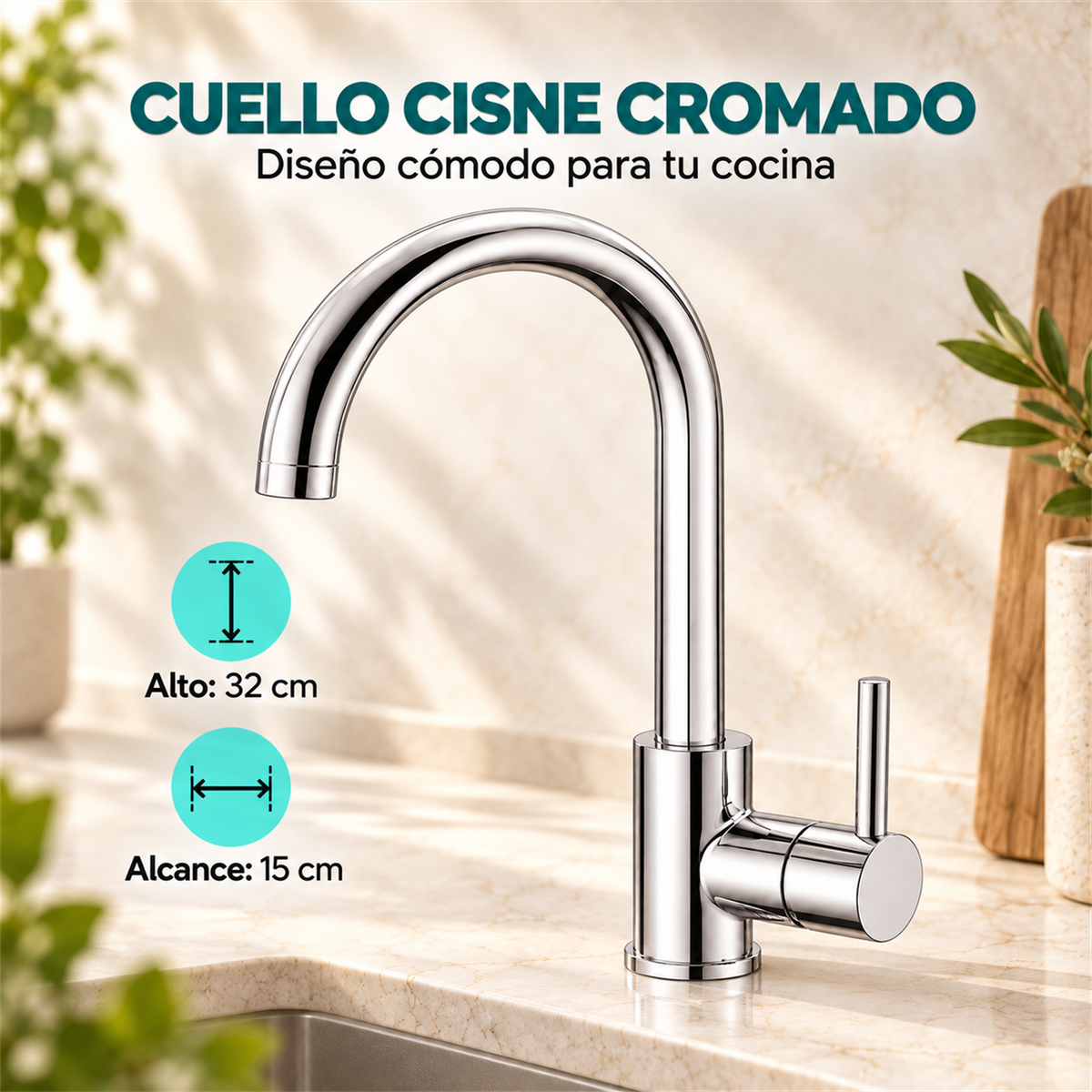 Grifería cromada de cuello cisne: alto 32 cm y alcance 15 cm