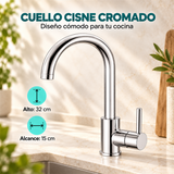 Grifería cromada de cuello cisne: alto 32 cm y alcance 15 cm