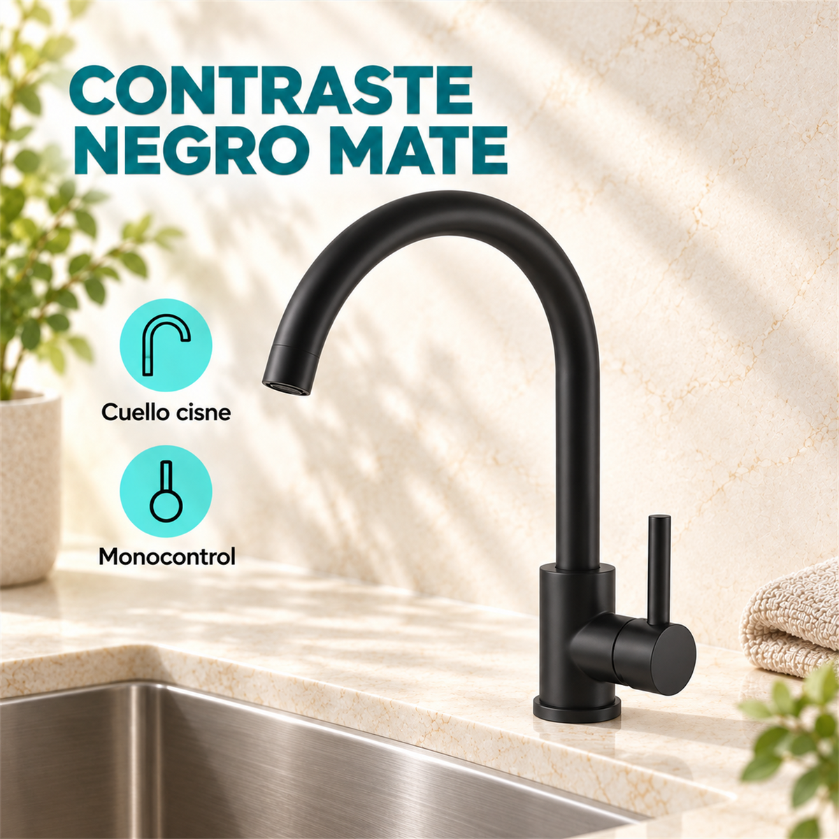 Características de Grifería Monocontrol Para Lavaplatos Cuello Cisne Negro Mate