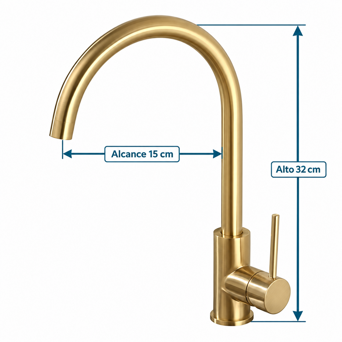Grifería Monocontrol Para Lavaplatos Cuello Cisne Oro Cepillado con medidas de 32 cm de alto y 15 cm de alcance