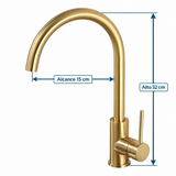 Grifería Monocontrol Para Lavaplatos Cuello Cisne Oro Cepillado con medidas de 32 cm de alto y 15 cm de alcance