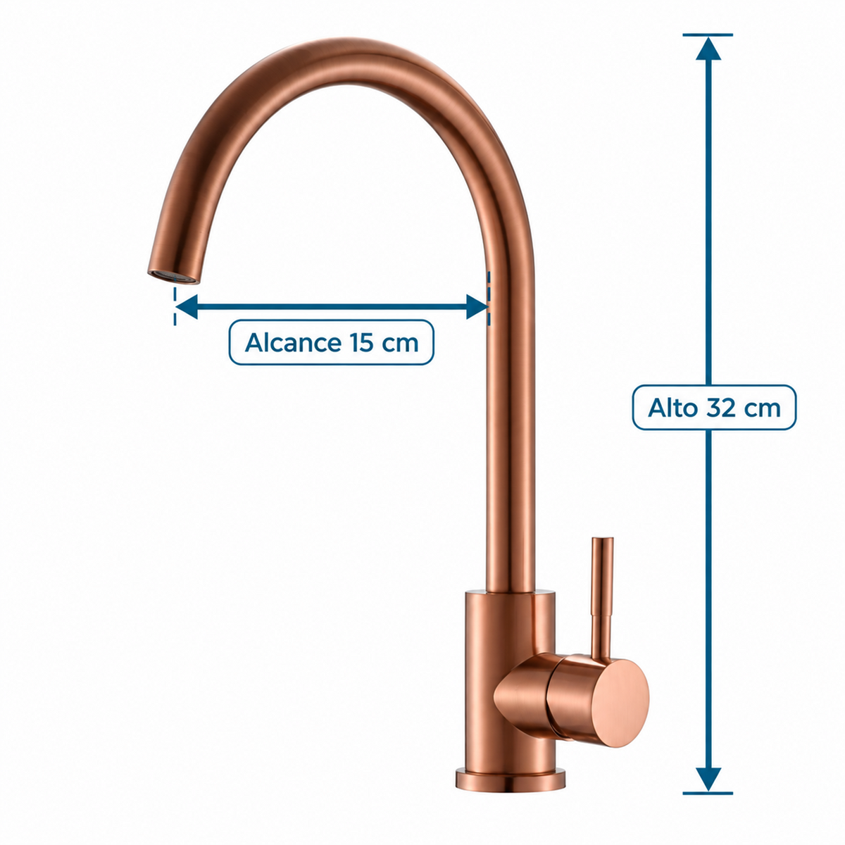 Grifería Monocontrol Para Lavaplatos Cuello Cisne Oro Rosa Cepillado con medidas de 32 cm de alto y 15 cm de alcance