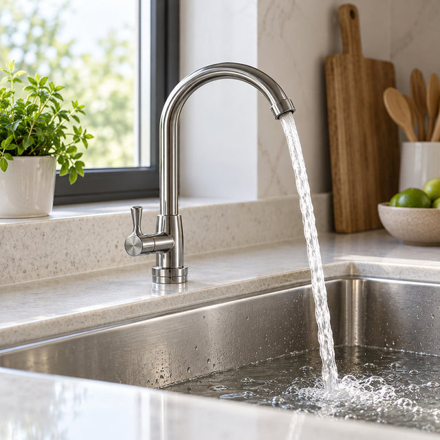 Llave Para Lavaplatos De Mesón Agua Fría Acero Inoxidable 304 ambientada y en funcionamiento