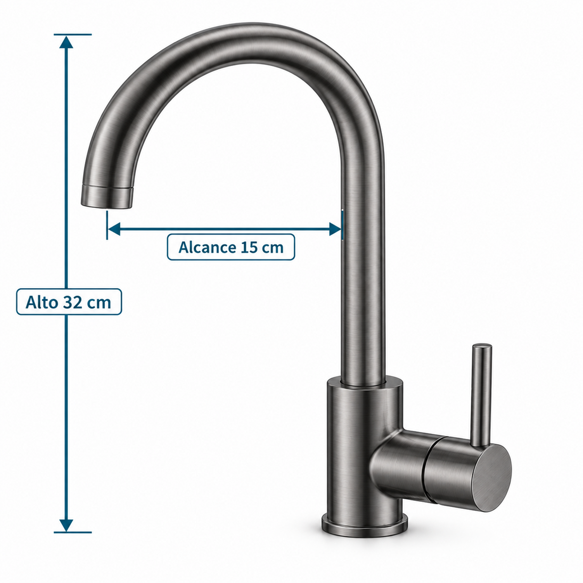 Grifería de lavaplatos gris: alto 32 cm y alcance 15 cm