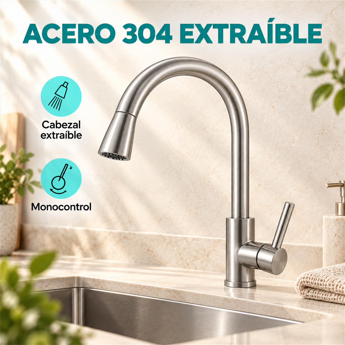 Características de Grifería Monocontrol Extraíble Para Lavaplatos Acero 304