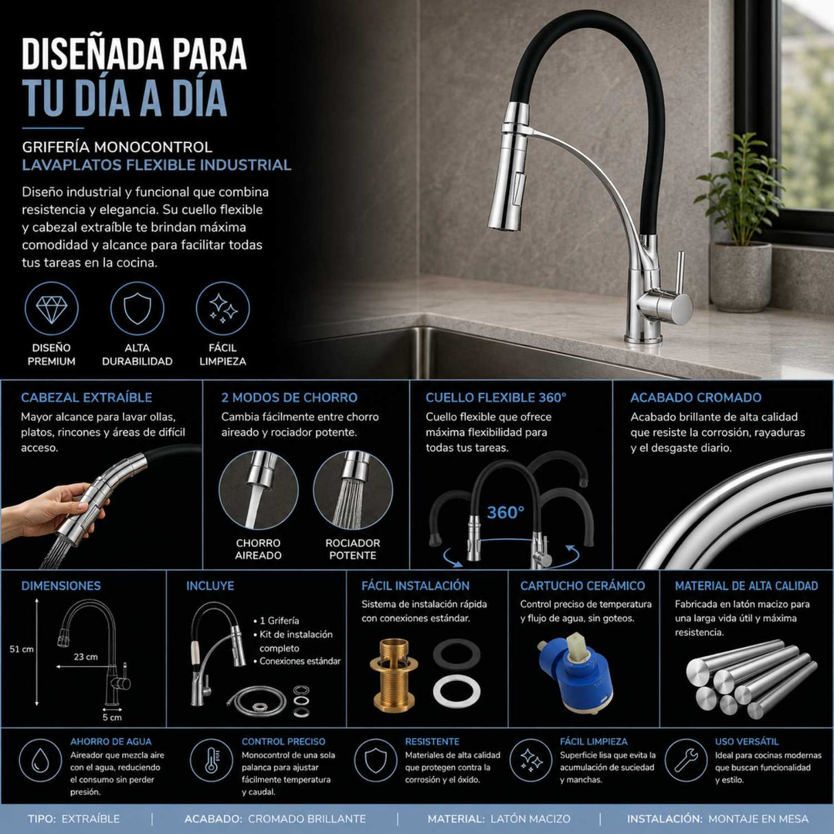 Grifería Lavaplatos Arabia Flexible Industrial Cromada | Monocontrol para Cocina Moderna