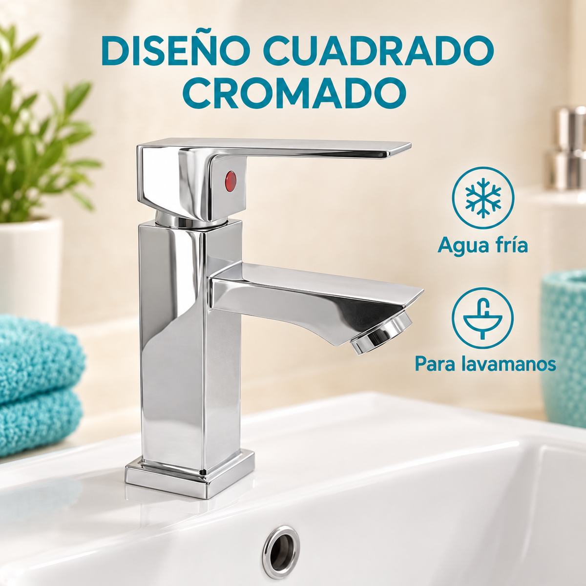 Grifería Baja Para Lavamanos Cuadrada Cromada Agua Fría - detalle