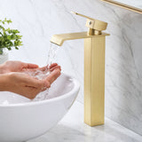 Kit Grifería Lavamanos Alta Cascada Oro Cepillado 28 cm + Desagüe Push 7.8 cm con Sosco | Set Completo Baño Moderno