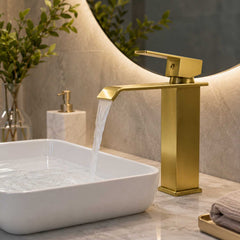 Grifería Lavamanos Cascada Baja Oro Cepillado 19 cm con Caño 17 cm Monocontrol
