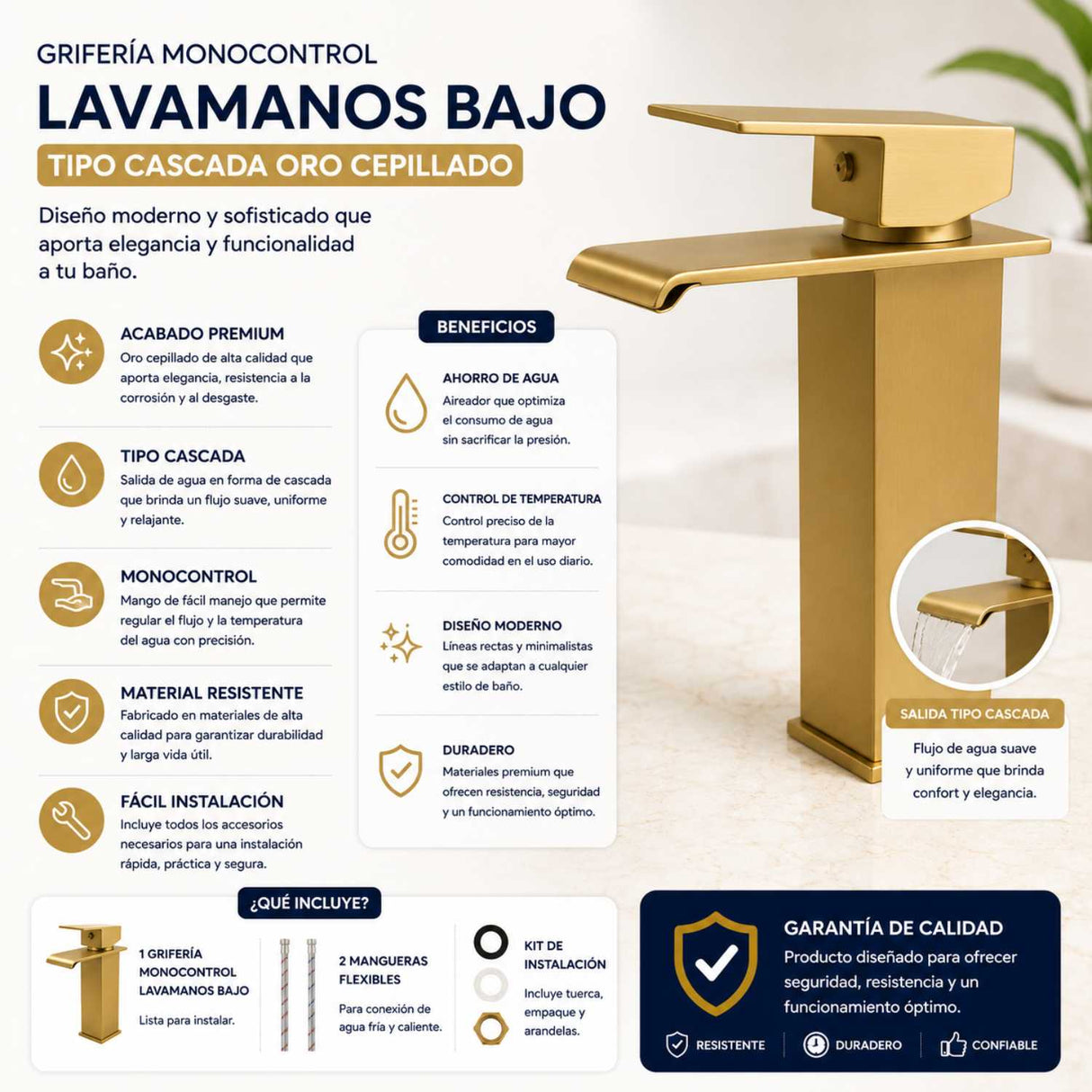 Grifería Lavamanos Cascada Baja Oro Cepillado 19 cm con Caño 17 cm Monocontrol