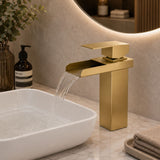 Grifería Lavamanos Cascada Baja Oro Cepillado 20 cm Monocontrol con Caño 14 cm
