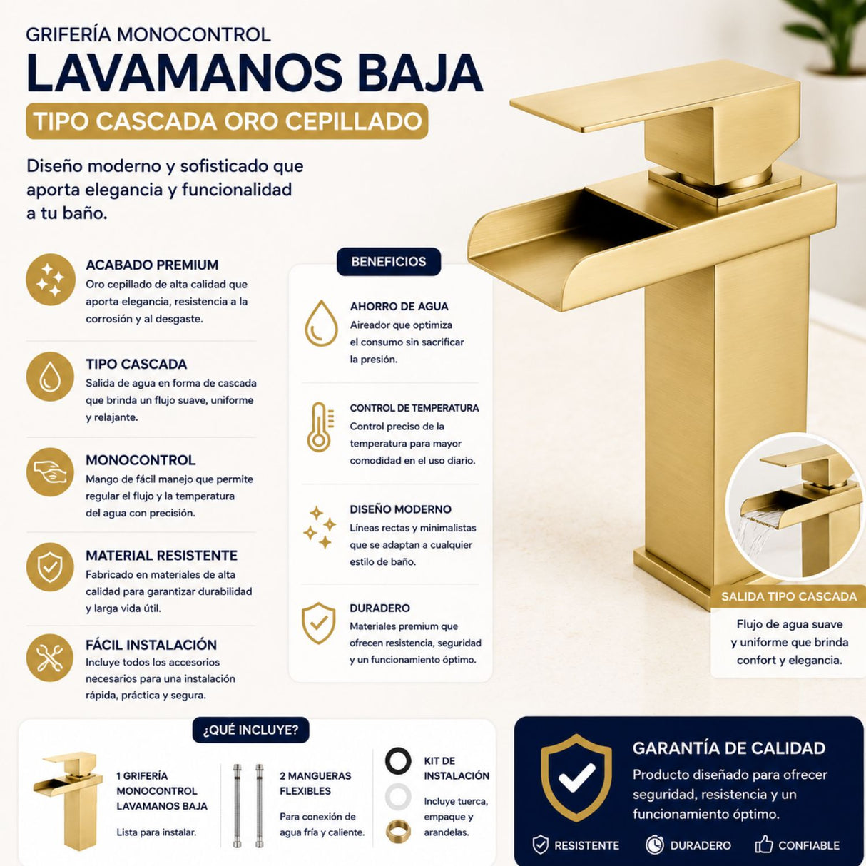 Grifería Lavamanos Cascada Baja Oro Cepillado 20 cm Monocontrol con Caño 14 cm