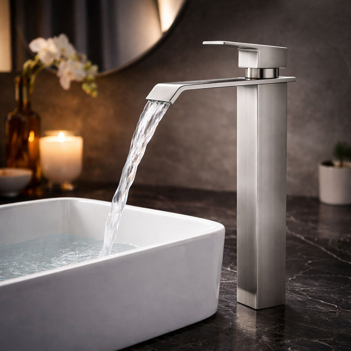 Kit Grifería Lavamanos Alta Cascada Acero Inoxidable 304 Satin 30 cm + Desagüe Push Satin 7.8 cm | Set Completo Baño Moderno