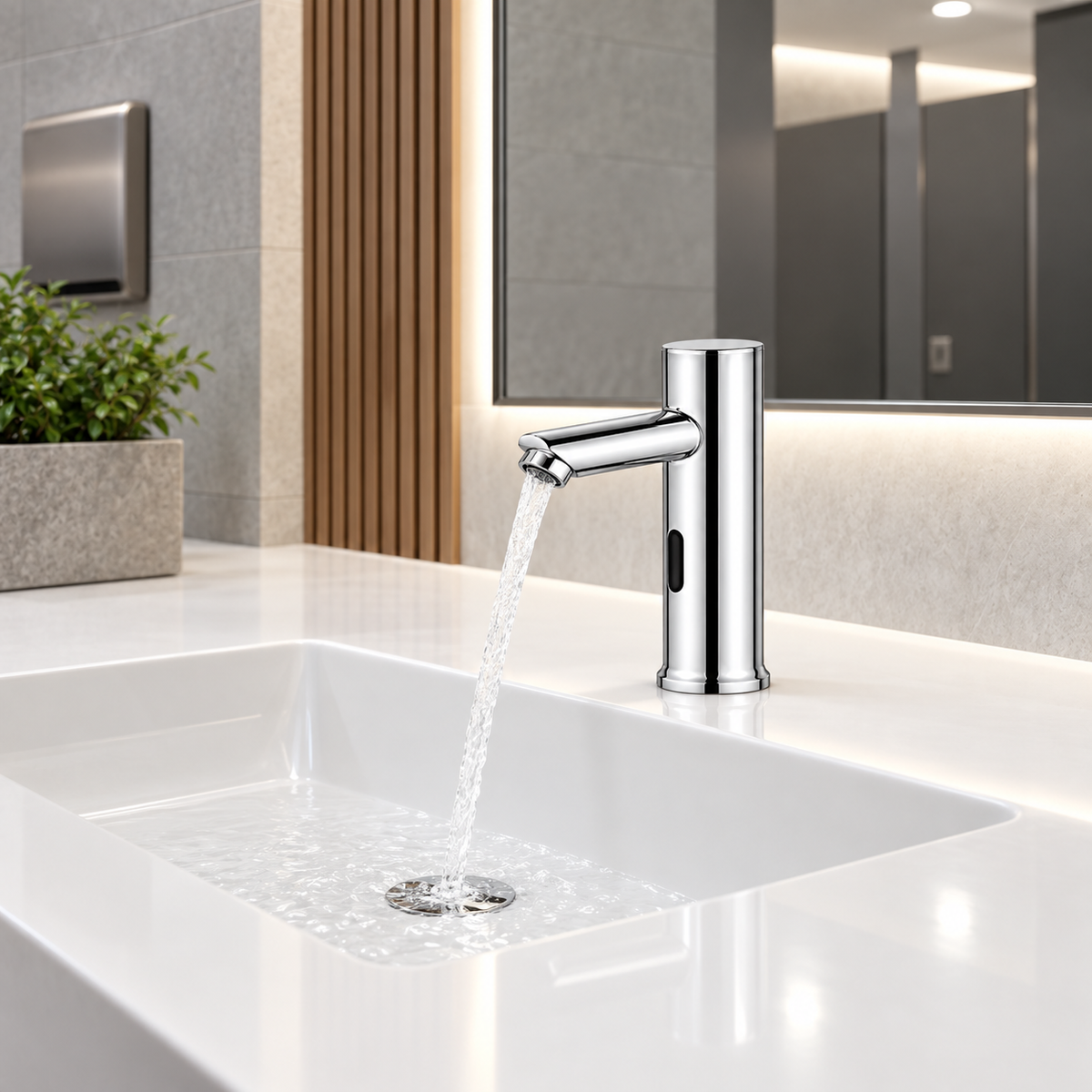Grifería Lavamanos Con Sensor Cromada 21 Cm en ambiente de baño
