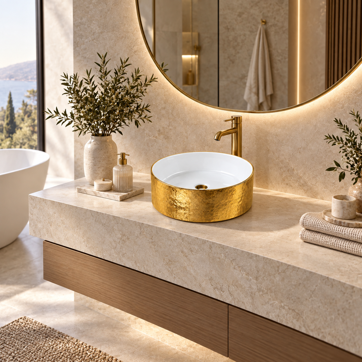 Lavamanos Redondo Olimpus Oro 36 X 36 X 12 Cm en ambiente de baño