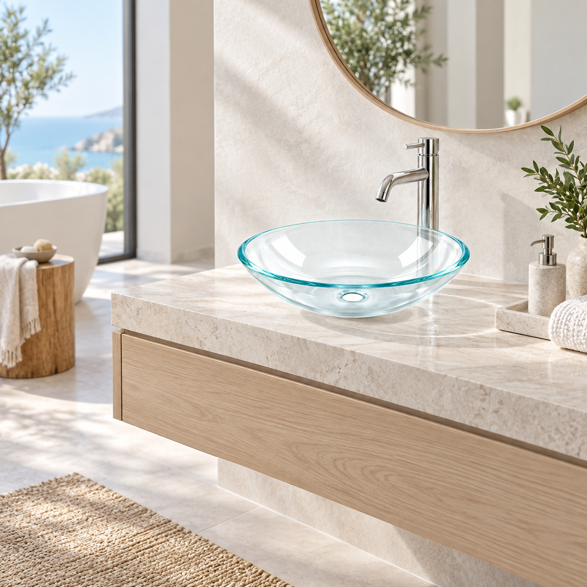 Lavamanos Redondo En Cristal Transparente 31 Cm en ambiente de baño