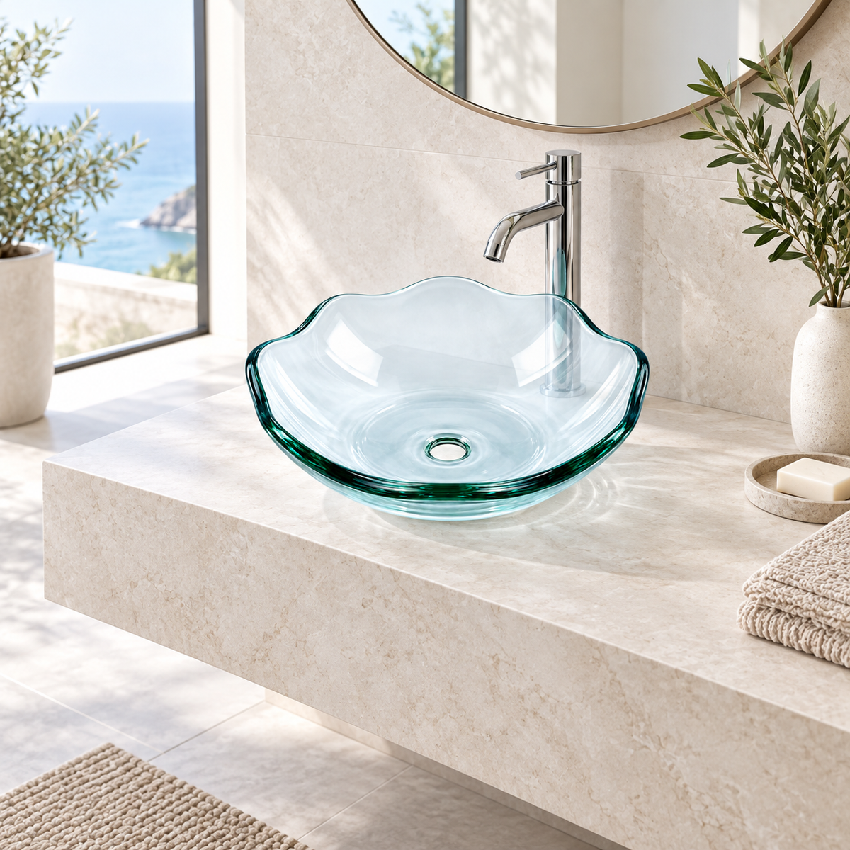 Lavamanos Concha En Cristal Transparente 35 Cm en ambiente de baño