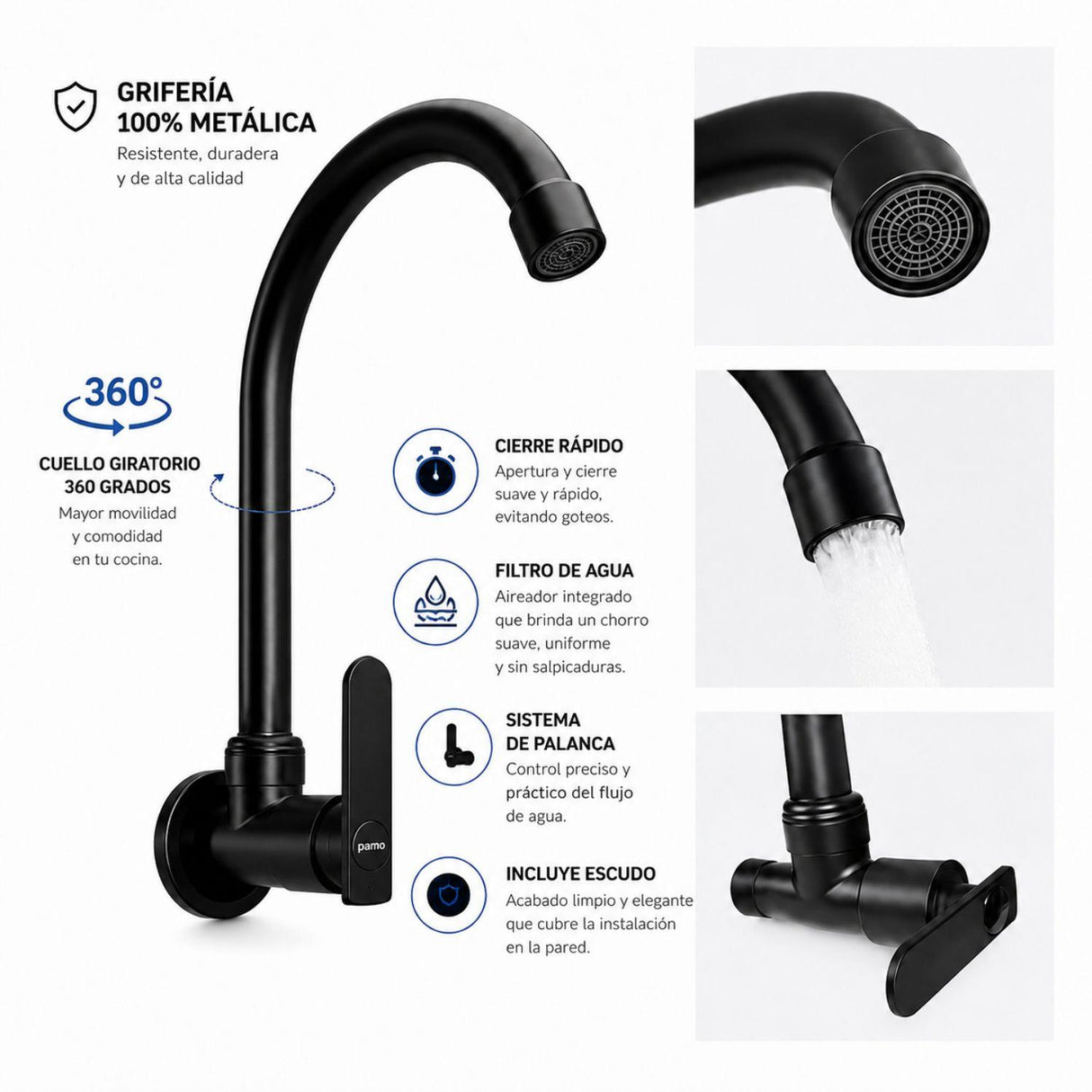 Grifería De Pared Para Lavaplatos Negra Mate 360° | Llave Agua Fría Metálica Para Cocina y Lavadero