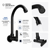 Grifería De Pared Para Lavaplatos Negra Mate 360° | Llave Agua Fría Metálica Para Cocina y Lavadero