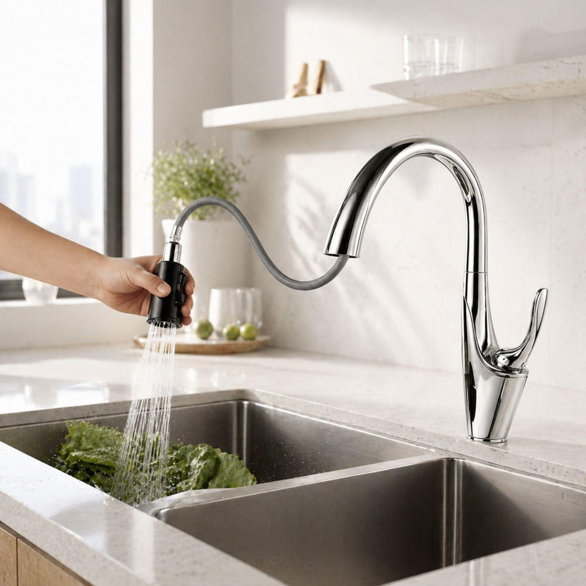 Grifería Lavaplatos Tipo Cisne Industrial Extraíble Acero Inoxidable 304 | Monocontrol