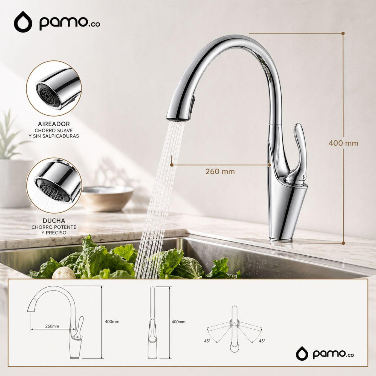 Grifería Lavaplatos Tipo Cisne Industrial Extraíble Acero Inoxidable 304 | Monocontrol